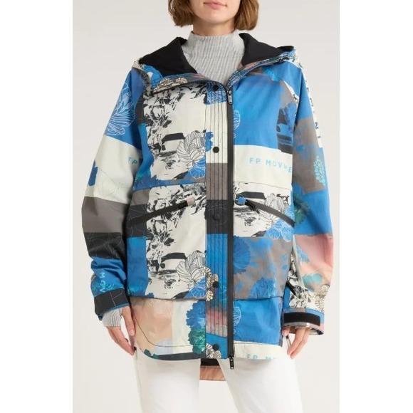 FP Movement Free People Printed Waterproof Rain Jacket Blue Multicolor Womens - Picture 1 of 4